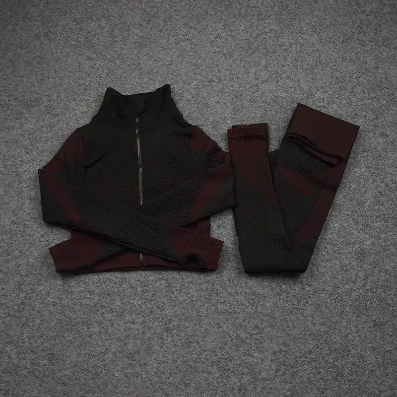 Mesh sports crop top and leggings in dark burgundy, perfect for women's workouts and athleisure styles.