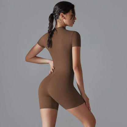 Woman wearing a brown VivaSculpt FitOne Suit, showcasing a slim fit and high-stretch fabric for comfort and style.
