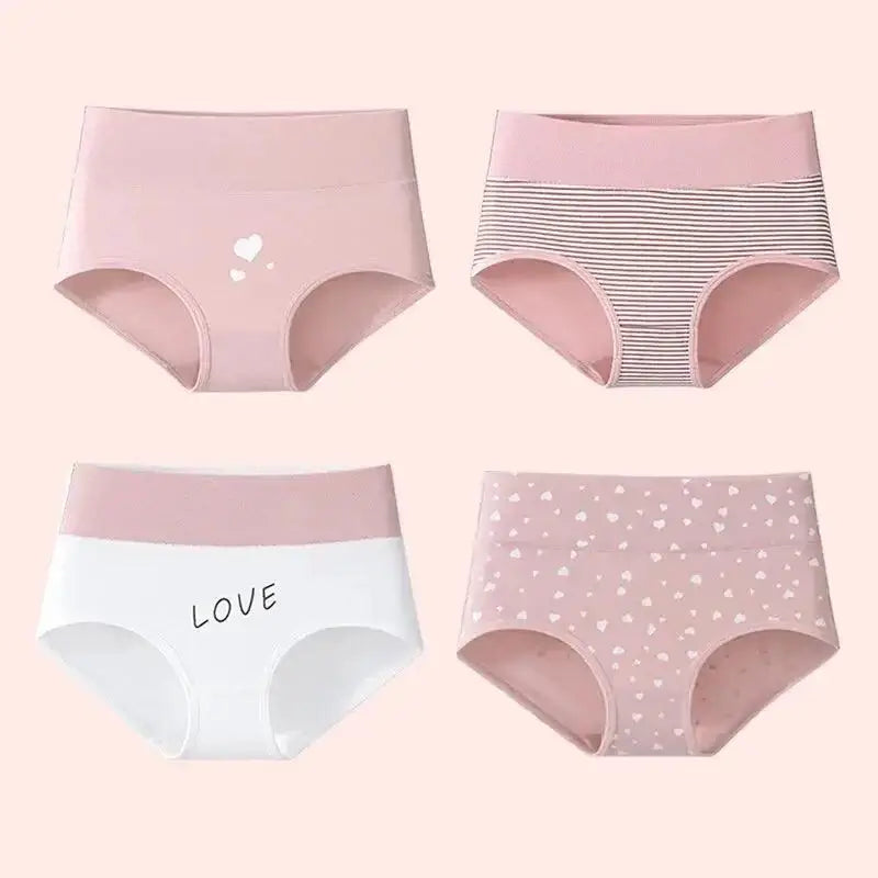 VivaShape High Waist Comfort Briefs in assorted pink designs, featuring hearts and stripes, 4-pack for women.