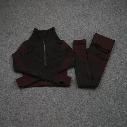 Mesh sports crop top and leggings in dark burgundy, perfect for women's workouts and athleisure styles.