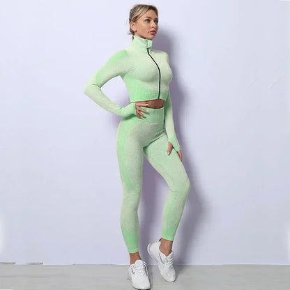 Woman in light green mesh sports crop top and leggings, showcasing breathable workout fashion for yoga and gym.