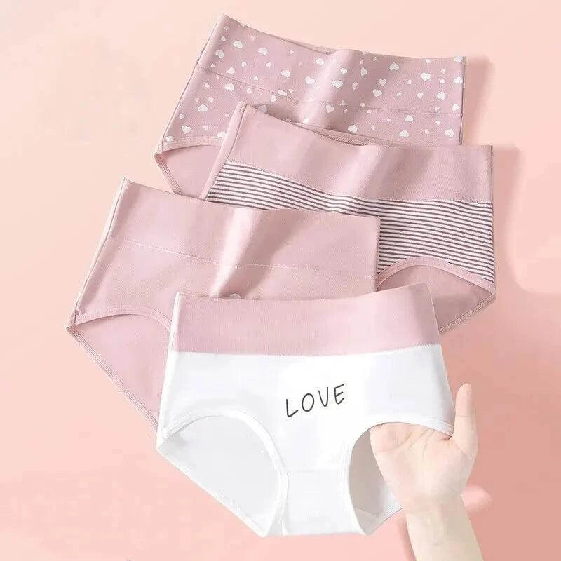 VivaShape high waist comfort briefs in a 4-pack, featuring pink prints and the word 'LOVE' on the white pair.