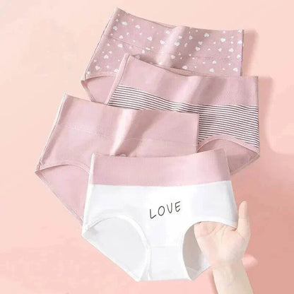 VivaShape high waist comfort briefs in a 4-pack, featuring pink prints and the word 'LOVE' on the white pair.